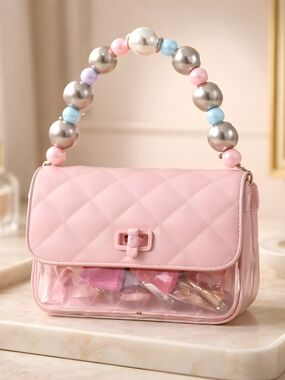 Pastel Pink Quilted Shoulder Bag with Beaded Top Handle